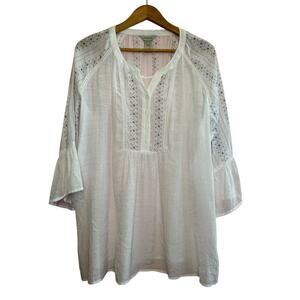 MULTIPLES White Boho Top‎ XL V-Neck Crochet Trim Artsy Festival Casual Feminine
